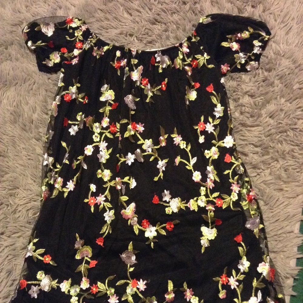 off the shoulder floral mesh mini dress !